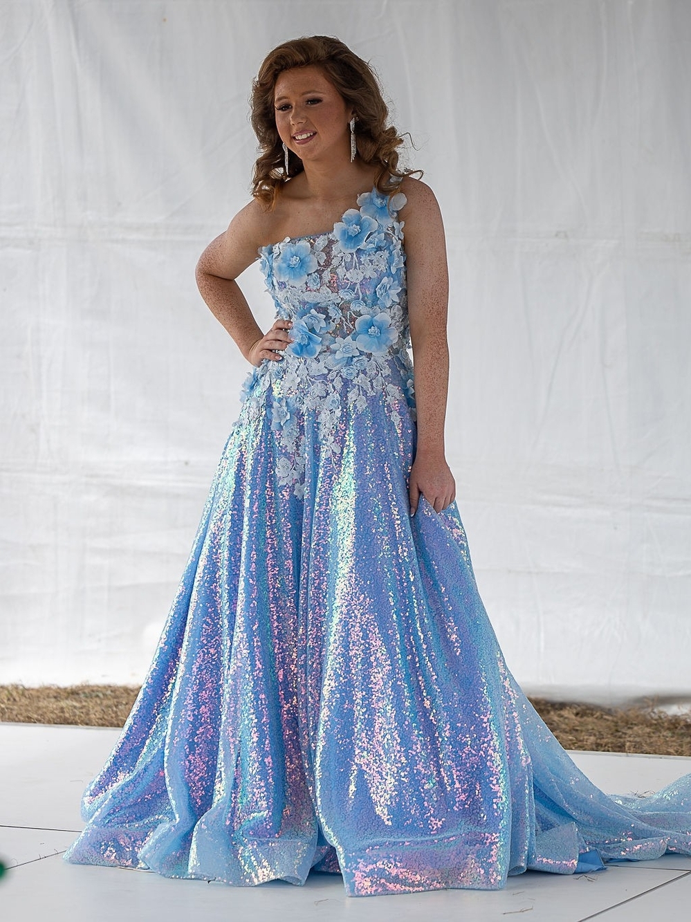 One-Shoulder Light Blue Sequin Prom Dress with Floral Appliqués